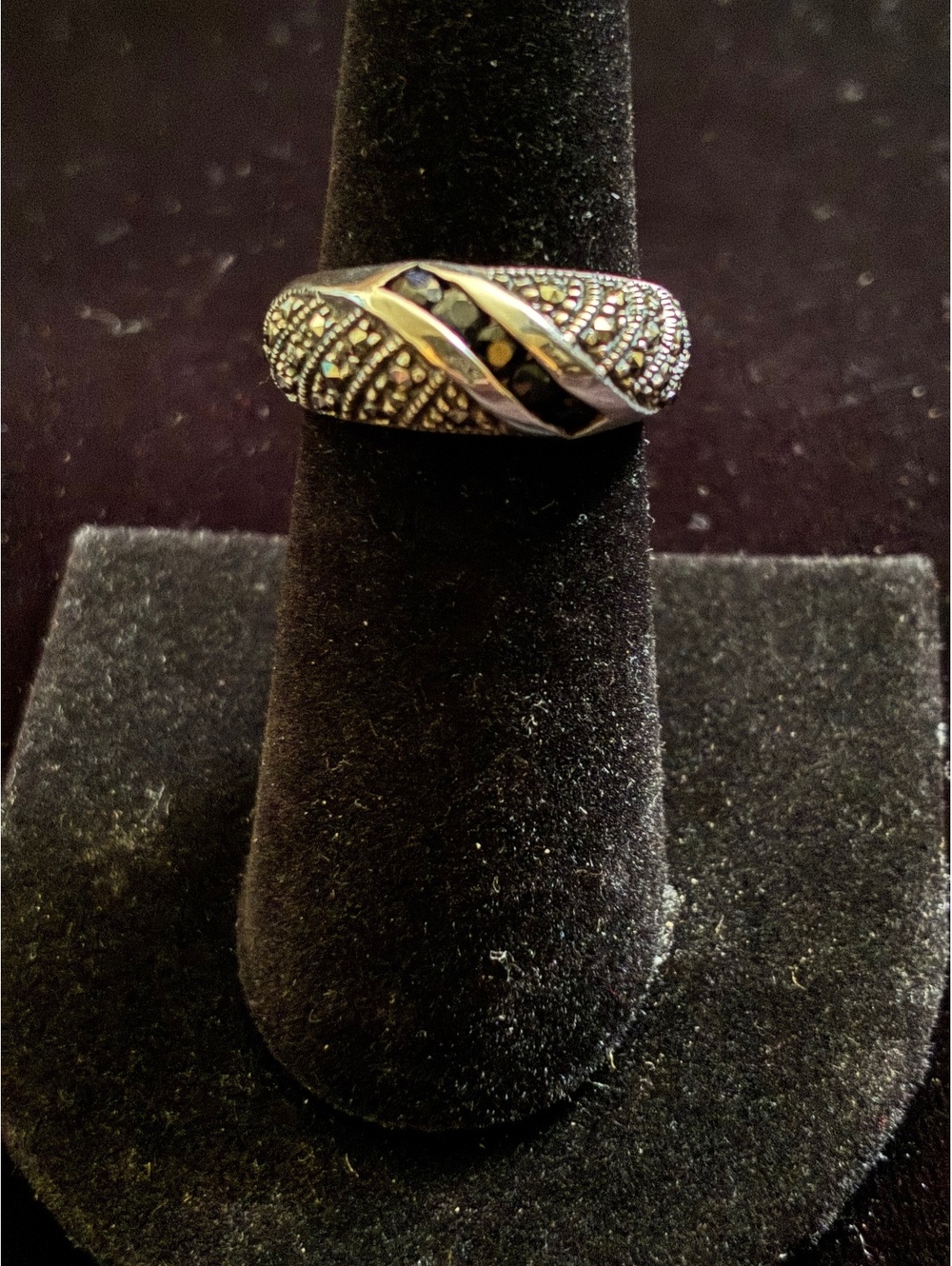 Vintage Signed GPT 925 Sterling Silver Black Onyx Marcasite Dome Ring Size 6